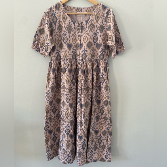 Bohemian Print Button Down Soft Lilac Linen Cotton Blend Midi Shirt Dress - Picture 1 of 4